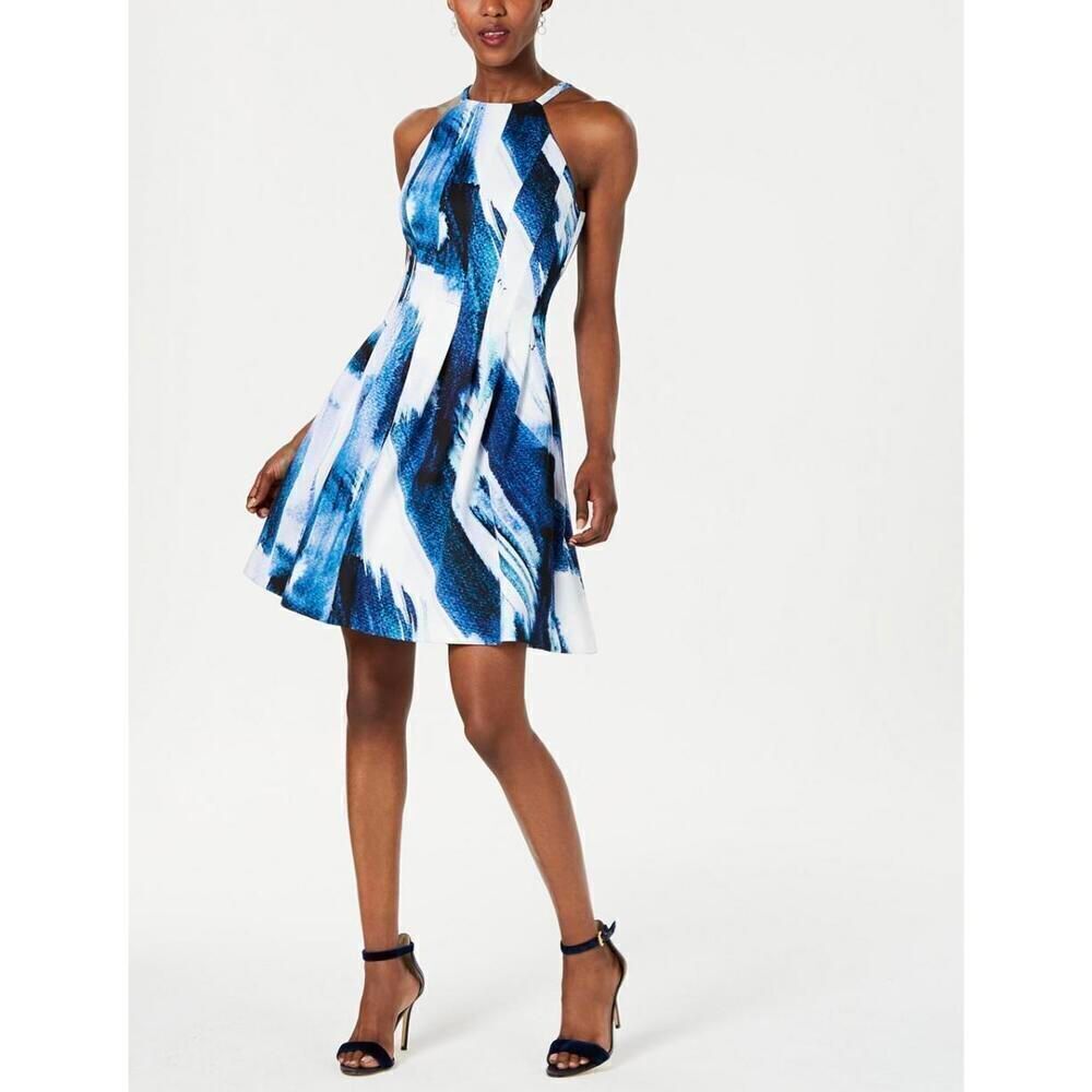 Vince Camuto Women's 14 Halter Scuba Fit and Flare Dress Blue and White